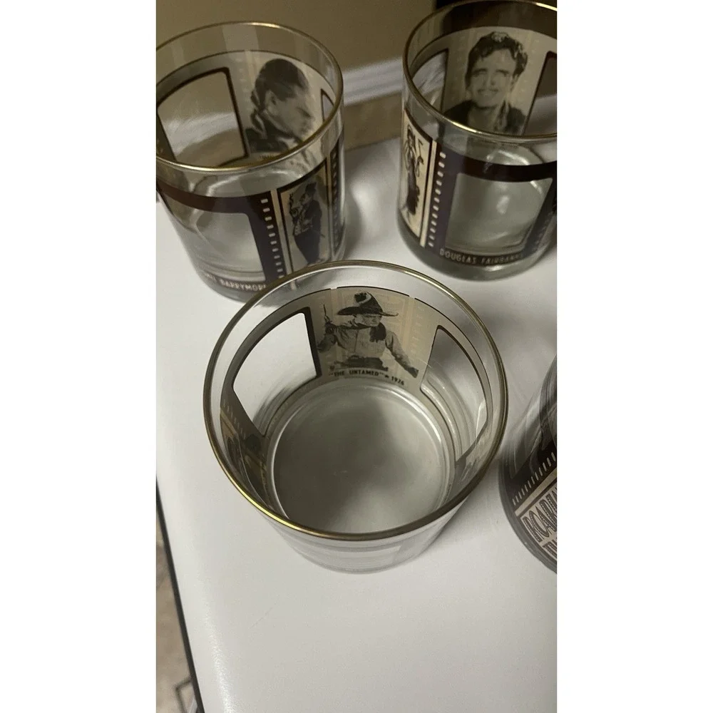 Set of 6 Vintage Roaring Twenties Hollywood 10 Oz Whiskey Rocks Glasses Gold Rim